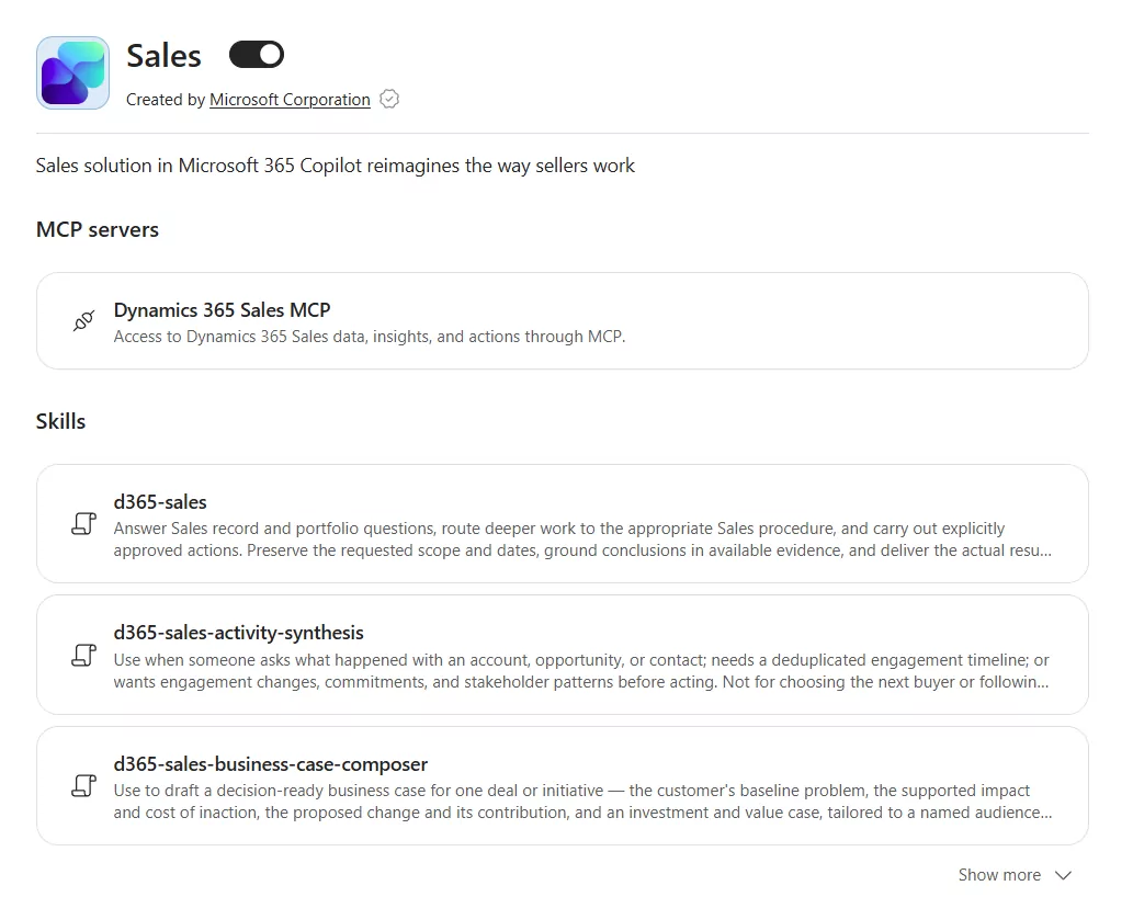 Fiche du plugin Sales dans Cowork, avec le serveur MCP Dynamics 365 Sales et ses skills