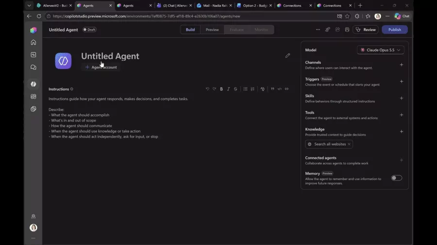 Copilot Studio : fenêtre « Create an agent identity » pour donner un compte Microsoft 365 à un agent