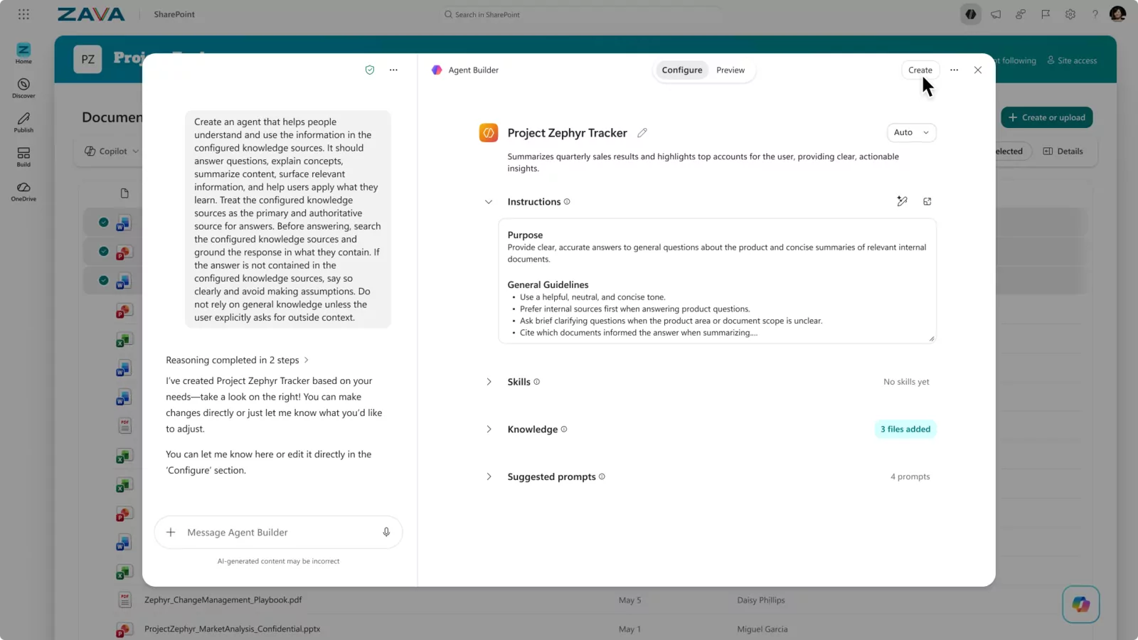 Agent Builder ouvert depuis un site SharePoint, avec instructions, skills et sources de connaissances